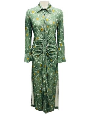 ALTUZARRA GREEN MULTI PRINTED LONG SLEEVED MIDI SHIRTDRESS